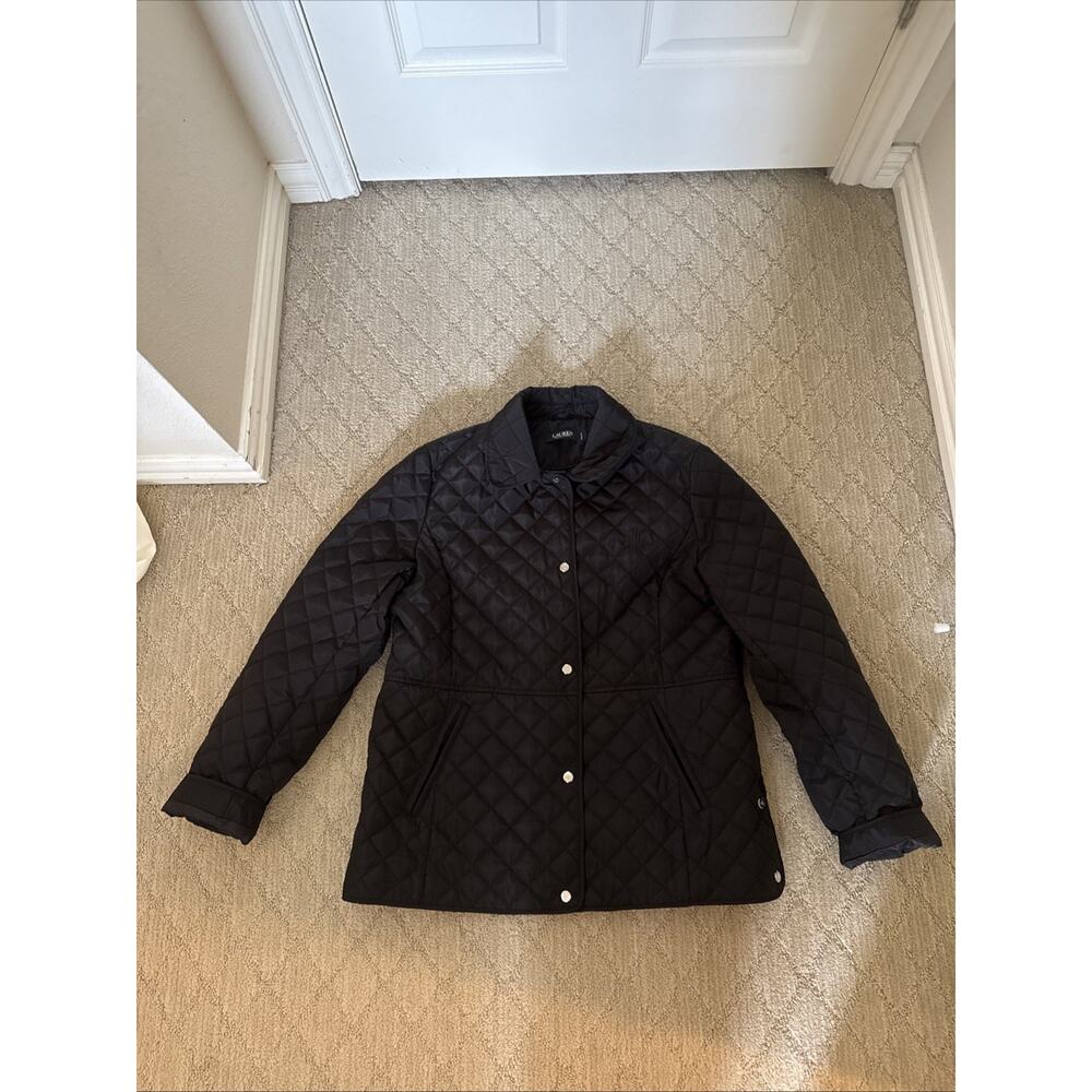 Ralph Lauren Womens XL Quilted Hooded Jacket Coat Black Diamond Quilt Snap